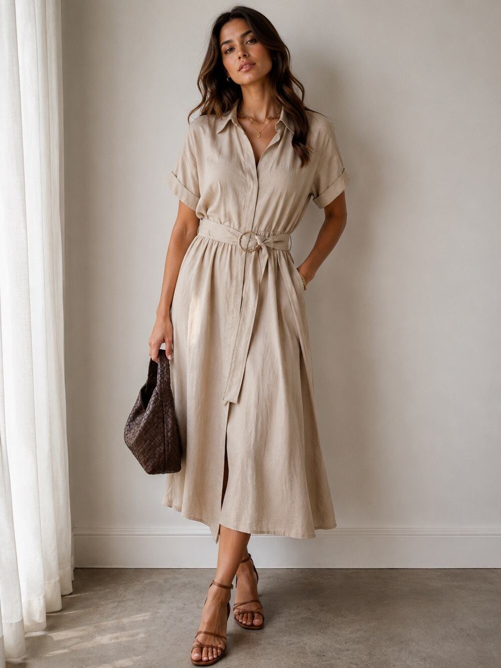 Zara Linen Blend Short Sleeve Collared Belted Midi Shirt Dress Beige Women Small